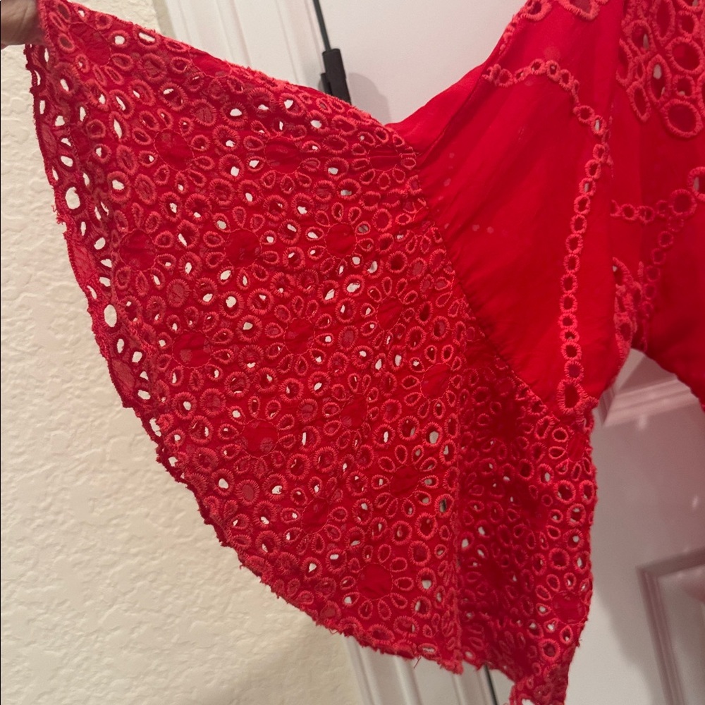 JOHNNY WAS XANTHOS RAE BLOUSE Embroidered Frilly Eyelet Red Sz Medium - Picture 7 of 13